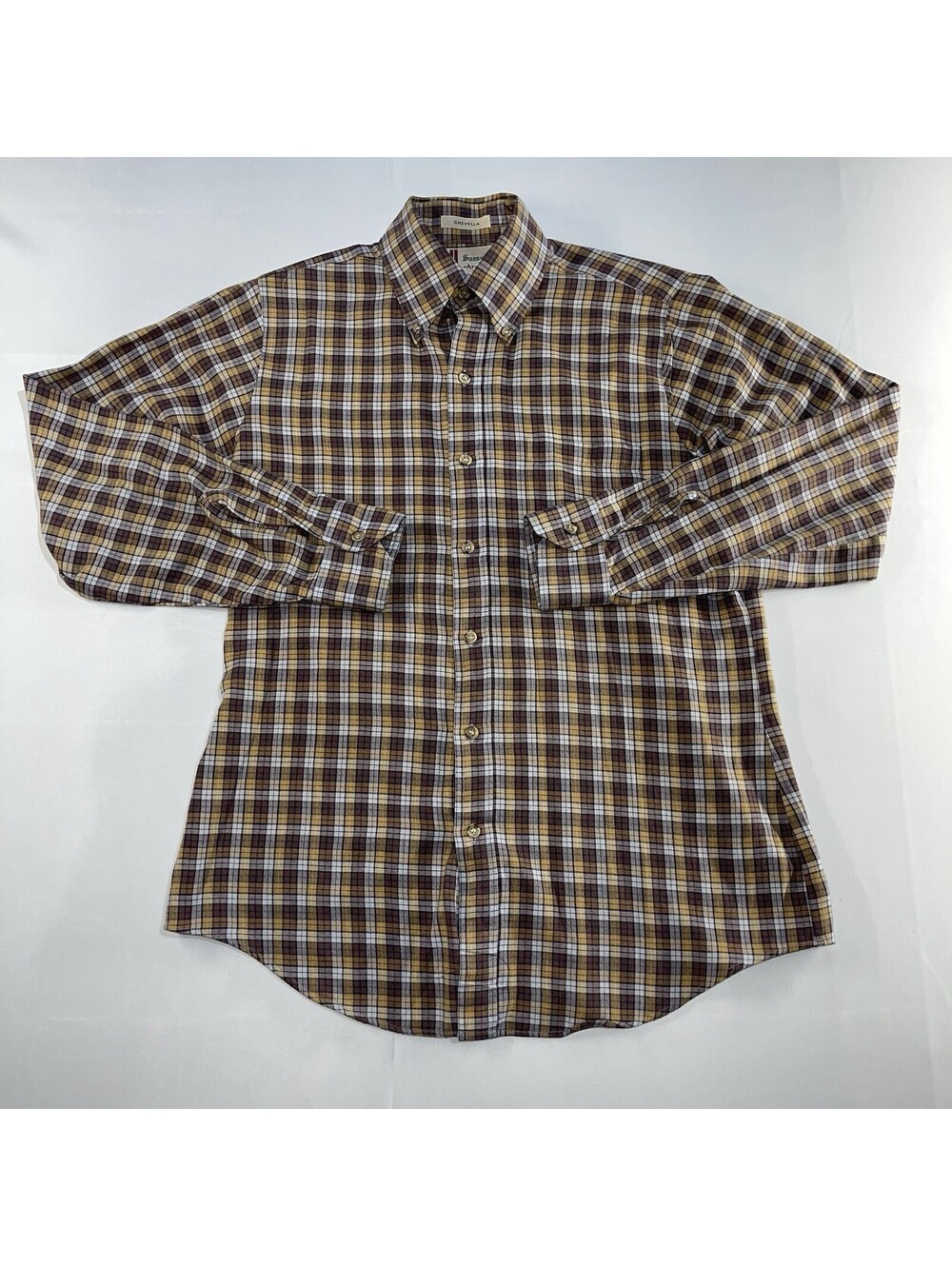 VINTAGE Arrow Chevella Brown Plaid Shirt Mens Medium 15-15 1/2 Preppy Rockabilly